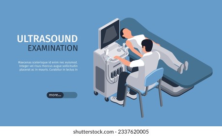 Medical equipment horizontal banner with diagnostic symbols isometric vector illustration