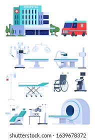 Medical equipment for hospital, isolated on white modern icons vector illustration. Healthcare technology for medical center, equipment for tomography and ultrasound scan. Clinic technologies in flat