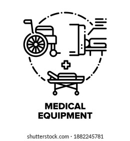 Medical Equipment Hospital Vector Icon Concept. Magnetic Resonance Imaging Mri For Patient Examination, Stretcher And Wheelchair Clinic Equipment For Intensive Care And Reanimation Black Illustration