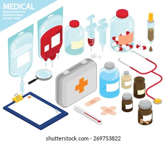 Medical Equipment Icons Set. Isometric Object Illustration.