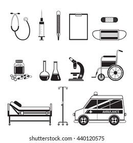 Medical Equipment Icons Set, Monochrome, Appliance, Tool, Hospital