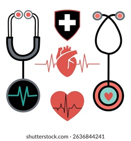 Medical Equipment Icons Set – Stethoscope, Heartbeat, ECG, and Healthcare Symbols Vector . 