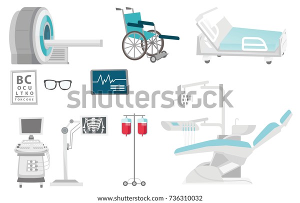 Medical equipment illustrations set.\
Collection of medical equipment including hospital bed, MRI, x-ray\
scanner, wheelchair, dental chair. Vector cartoon illustrations\
isolated on white\
background.