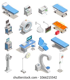 Medical equipment including hospital beds with electronic devices, mri scanner set of isometric icons isolated vector illustration