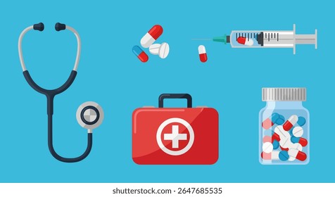 Medical equipment including a stethoscope, pills, syringe, first aid kit, and a bottle filled with pills.