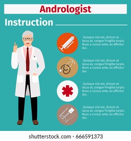 Medical equipment instruction manuals with icons for andrologist. Vector illustration