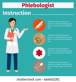 Medical equipment instruction manuals with icons for phlebologist. Vector illustration
