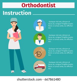 Medical equipment instruction manuals with icons for orthodontist. Vector illustration