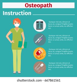 Medical equipment instruction manuals with icons for osteopath. Vector illustration