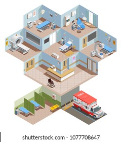 Medical Equipment Isometric Composition With Elevation View Of Hospital Center With Room Interiors And Health Facilities Vector Illustration