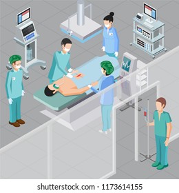 Medical equipment isometric composition with human characters of doctors in surgery room with operating room equipment vector illustration