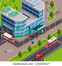 Medical equipment isometric composition with outdoor view of modern hospital building with ambulance cars and helipads vector illustration