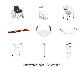 Medical equipment item for inclusion, disable, handicapped, injured people. Object isolated on white background. Wheelchair, stretcher, coasters, crutches, stick walker set. Vector illustration