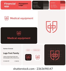 Medical equipment line business logo with brand name. Shield and medical cross icon. Creative design element and visual identity. Template with hanken grotesk font. Suitable for medical laboratory.