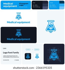 Medical equipment line business logo with brand name. Lab flask and lightbulb icon. Creative design element and visual identity. Template with lato font. Suitable for medical, laboratory, healthcare.