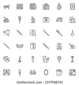 Medical equipment line icons set, linear style symbols collection, outline signs pack. Medicine vector graphics. Set includes icons as Hospital Stretcher, EKG Machine, Surgical Light, First aid kit