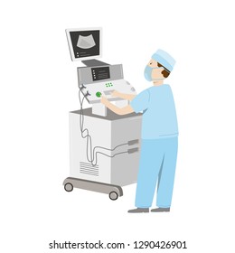 Medical Equipment Maintenance. An Engineer Wearing Uniform Repair Ultrasound Machine. Vector Illustration Isolated On White
