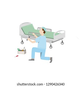 Medical Equipment Maintenance. An Technician Wearing Uniform Repair Hospital Bed. Vector Illustration Isolated On White