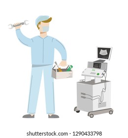 Medical Equipment Maintenance. A Technician  Wearing Uniform Repairs Ultrasound Machine. Vector Illustration Isolated On White