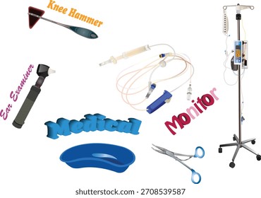 Medical equipment: measuring device, scissors, and sterilization tray