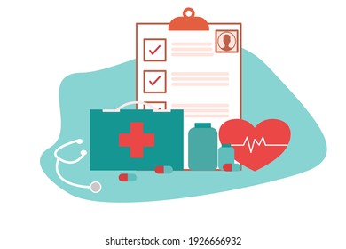 Medical equipment and medicine bottles results information medical and healthcare banner and approved checkmark vector.