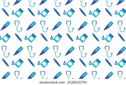 Medical equipment pattern featuring stethoscopes, syringes, pill bottles, and thermometers in blue tones, arranged in a seamless design. Ideal for healthcare-themed backgrounds.