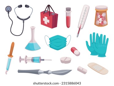 Medical equipment. Pills medical treatment exact vector collection of pharmaceutical icons