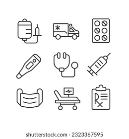 Medical equipment pixel perfect linear icons set. Hospital services. Emergency and first aid. Customizable thin line symbols. Isolated vector outline illustrations. Editable stroke