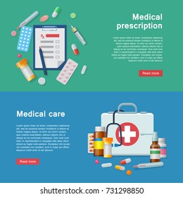 Medical equipment prescription first aid supplies flyer. Medical equipment for prescriptions and first-aid kit as infographic. ER tools as vector illustration.