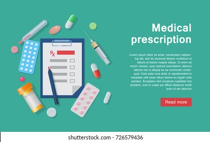 Medical equipment prescription and supplies infographic. Medical equipment for prescriptions and tools as infographics for designers and illustrators. Doctor's instruments as a vector illustration