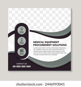 medical equipment procurement solutions and medical social media post template. healthcare social media post template with space for photo collage. light beam pattern. infographic design