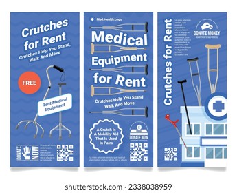 Medical equipment rent free donation crutches flyer promo poster set vector illustration. Healthcare medicine charity donate hospital tool people injury disability orthopedic rehabilitation assistance