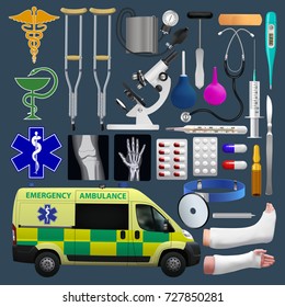 Medical equipment set. Emergensy ambulance,  tools, medical products. Vector illustration.