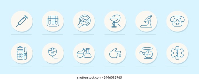 Medical equipment set icon. Glass, snake, goblet, telephone, cross, call an ambulance, microscope, magnifying glass, flask, container, dropper, health care. Medical care concept. Vector line icon.