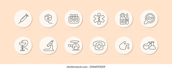 Medical equipment set icon. Glass, snake, goblet, telephone, cross, call an ambulance, microscope, magnifying glass, flask, container, dropper, health care. Medical care concept. Vector line icon.
