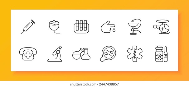 Medical equipment set icon. Glass, snake, goblet, telephone, cross, call an ambulance, microscope, magnifying glass, flask, container, dropper, health care. Medical care concept. Vector line icon.