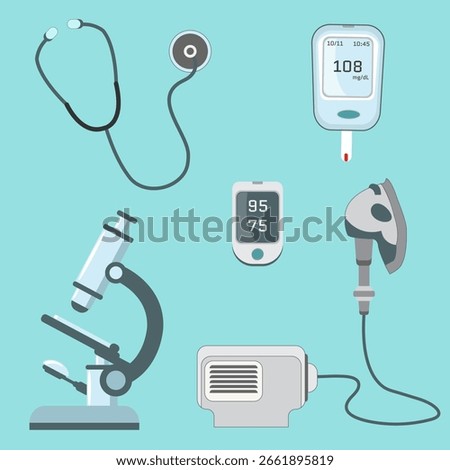Medical equipment, set, microscope, stethoscope, oxygen mask and nebulizer, glucometer, pulse oximeter, vector, lungs, sore throat, respiratory system diseases, coronavirus