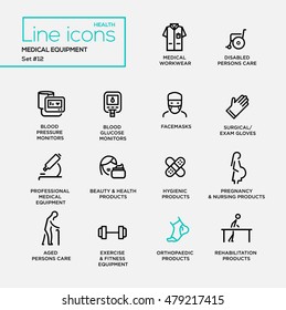 Medical Equipment - Set Of Modern Vector Plain Simple Thin Line Design Icons And Pictograms. Medical Workwear, Blood Pressure Monitor, Facemask, Beauty, Hygienic, Pregnancy, Orthopaedic Product