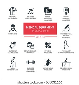 Medical Equipment - Set Of Vector Icons, Pictograms: Disabled People Care, Blood Pressure, Glucose Monitor, Facemasks Exam Gloves, Rehabilitation, Hygienic, Pregnancy And Orthopaedic Products 