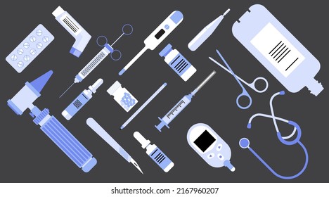 Medical equipment Simple set vector, Dental, pill, vaccine flat design