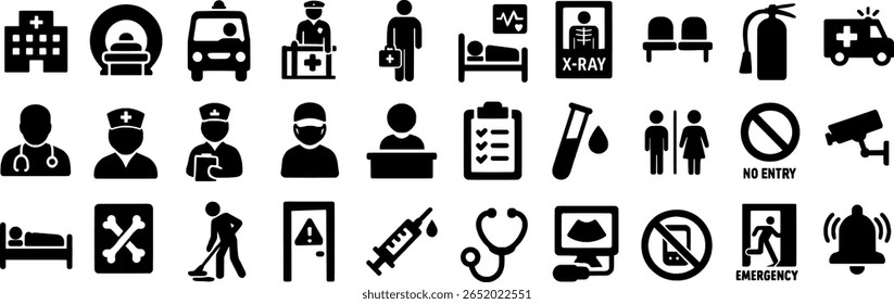 Ícones de traço de equipamentos médicos. Incluindo estetoscópio, seringa, comprimidos, termômetro e muito mais. Conjunto de ícones de Estrutura de Tópicos Editável.