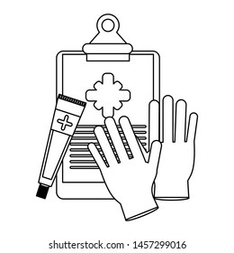 Medical equipment and supplies clipboard gloves and cream vector illustration graphic design.