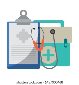 Medical equipment and supplies clipboard suitcase and stethoscope vector illustration graphic design.