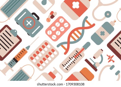 Medical equipment, things for doctor. Seamless pattern. Сovid-19,  Quarantine vector illustration.