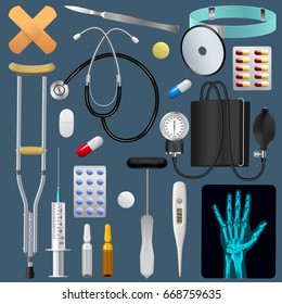 Medical equipment tools and drugs set. Medicine traumatology surgery and first aid. Realistic detailed objects. Vector illustration.