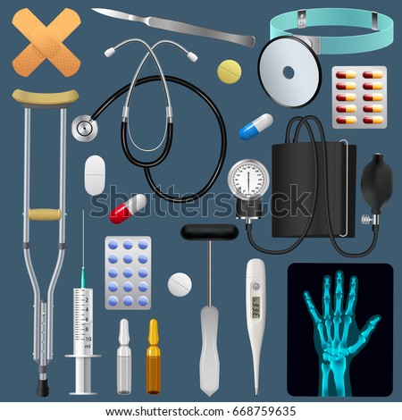 Medical equipment tools and drugs set. Medicine traumatology surgery and first aid. Realistic detailed objects. Vector illustration.