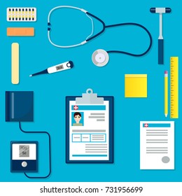 Medical equipment or tools set. Health care collection. thermometer and tonometer. Medical center. Diagnosis and recipe