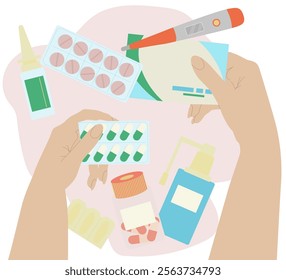 Medical equipment to use at home. Medicines to treat diseases. Healthcare. Vector illustration.