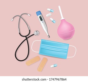 Medical equipment Vector realistic. Advertise banner with protection mask. test, needls and thermometer 3d illustration