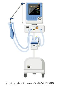 Medical equipment, ventilators Intensive care on wheelchairs, screens showing patient vital signs Artificial lung at the end of the tube. Critically ill patients Life Support or Resuscitation